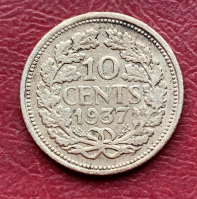 Нидерланды 10 центов 1937 год Вильгельмина серебро 170.jpg